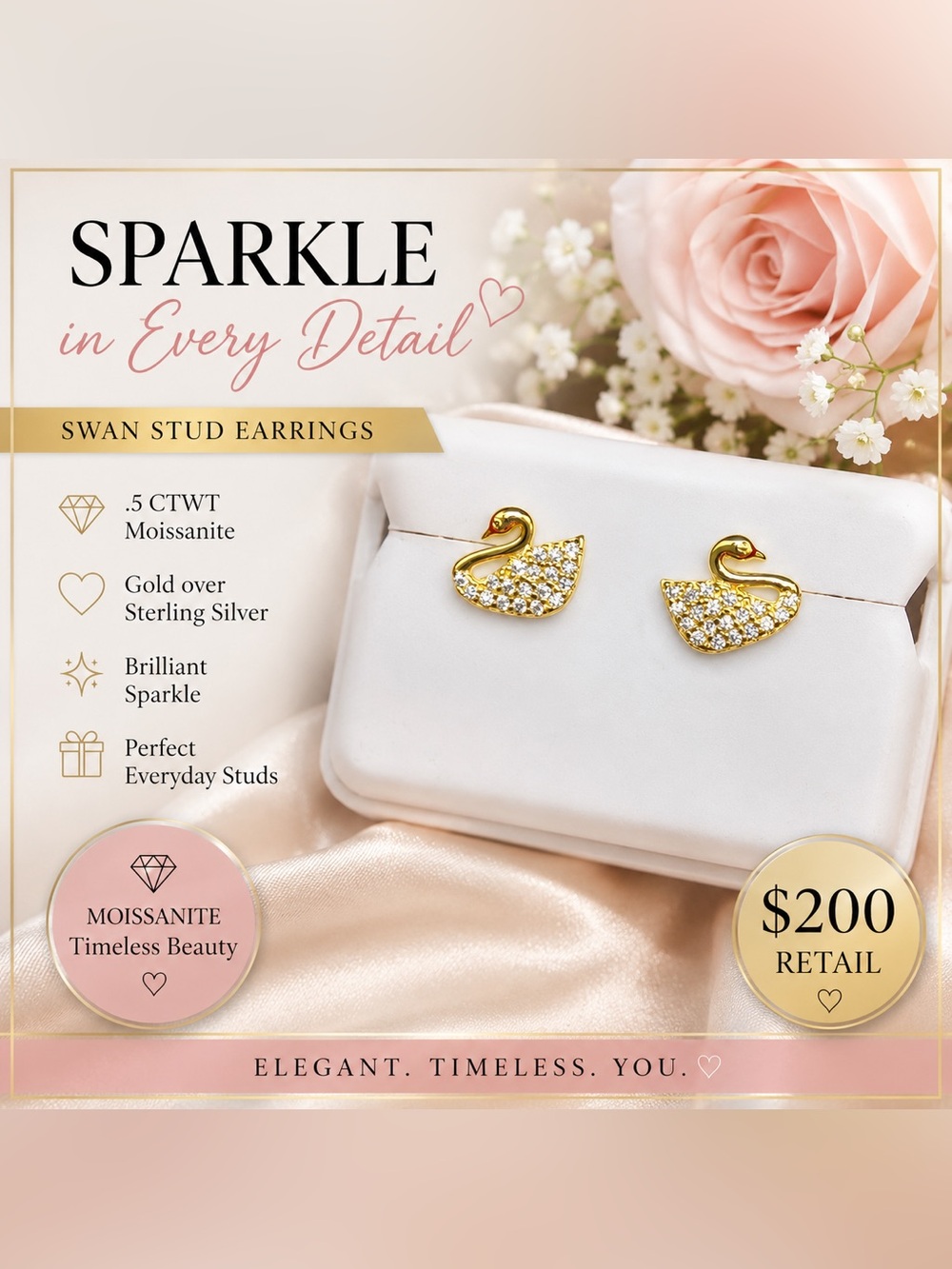 Gold over Sterling Swan Stud Earrings with .5ctwt Moissanite $200 retail